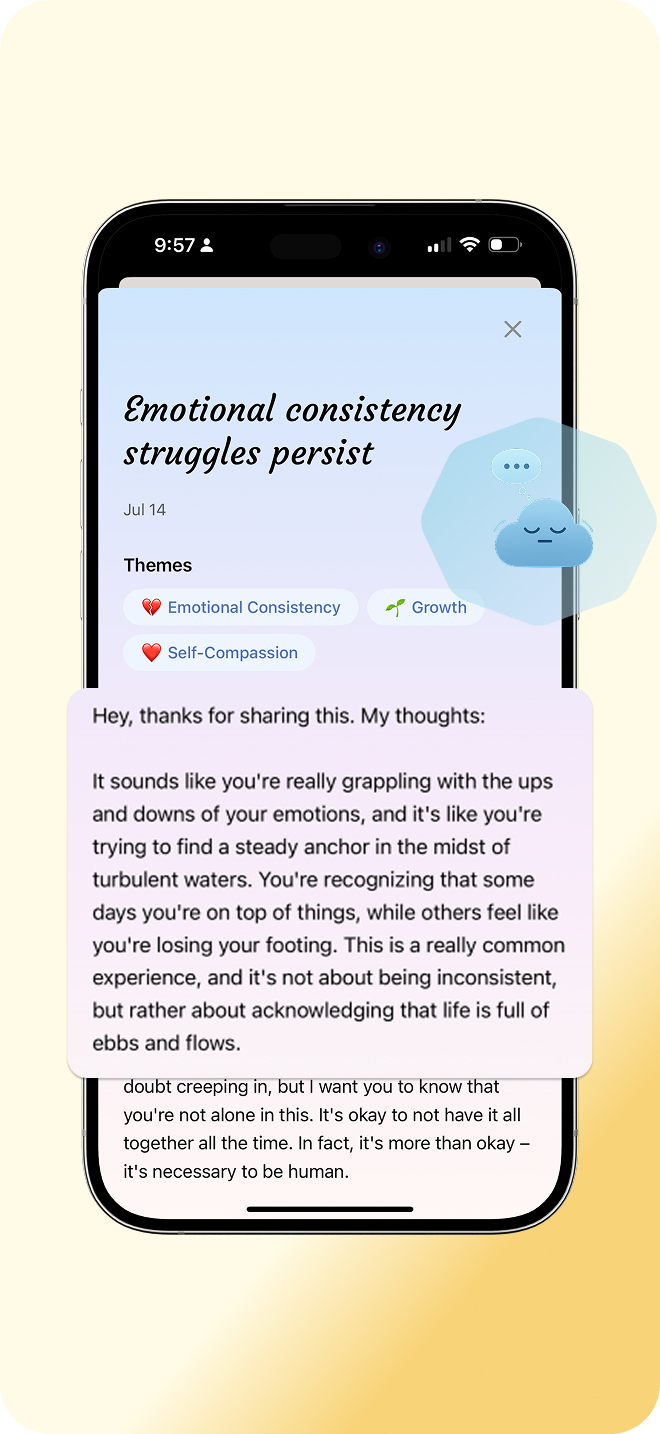 Journee app interface showing personalized insights with emotional themes and AI-generated supportive response